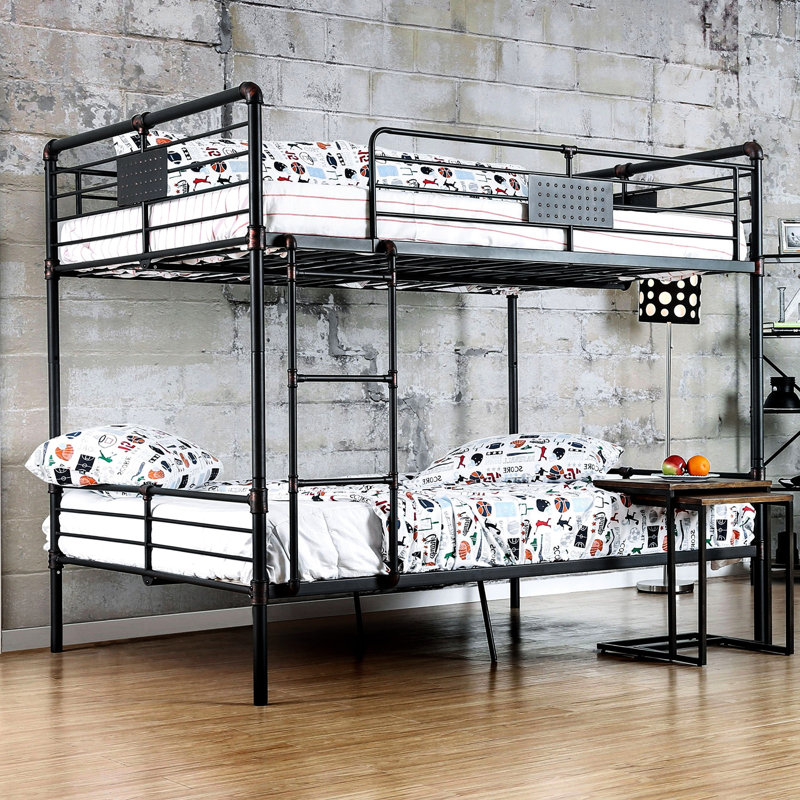 Lit double au-dessus d'un lit superposé de style industriel en métal, garde-corps, tuyau d'inspiration noire antique, différentes configurations, cadre d'assemblage facile,