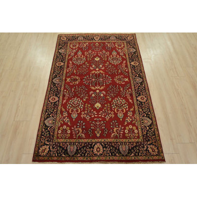 Fine Sarouk Rug 4′ X 6’1” Red Wool Traditional Hand-Knotted Oriental Carpet
