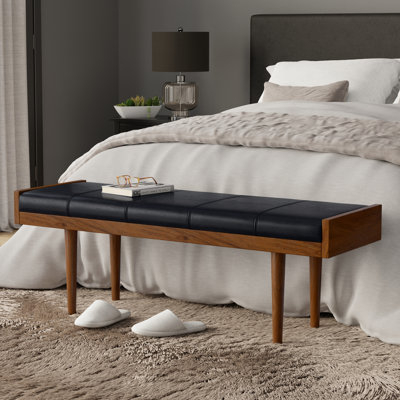 Banc de repose-pieds en acacia massif Anya l 51 po avec coussin en cuir véritable noir haute densité