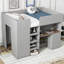 Lit mezzanine double en bois avec garde-robe intégrée, bureau, tablettes et tiroirs de rangement, gris