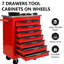 Chariot à outils à roulettes rouge et noir à 7 tiroirs avec roues et toit en acier inoxydable pour l'entrepôt de garage, 4 mécanismes de verrouillage universels, poignée à tirer, glissières de tiroir à roulement multifonctionnelles - atelier, couleur,