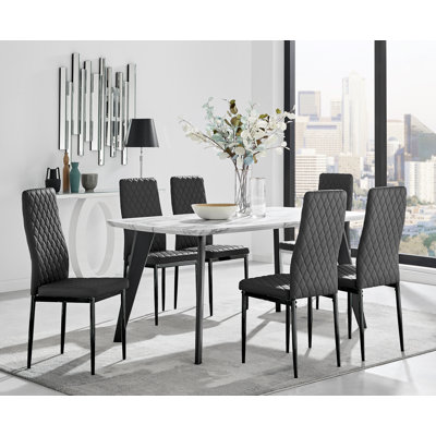 Anders Modern High Gloss Marble Effect Dining Table Set with 6 Quilted Faux Leather Dining Chairs