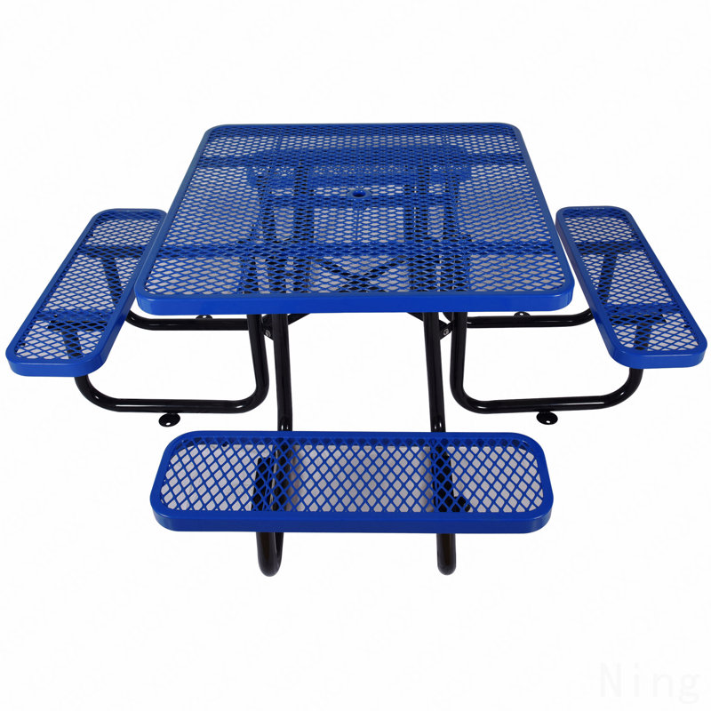 Table carrée de pique-nique extérieure en acier 46 po bleu avec mât de parasol, Bleu