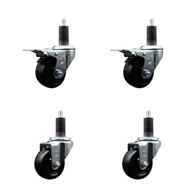 3 Inch SS Soft Rubber Swivel 1-1/4 Inch Expanding Stem Caster Set 2 Total Lock Brakes