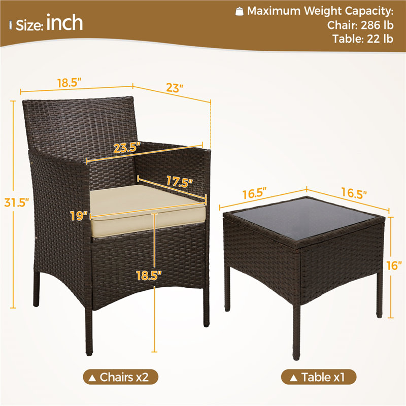  3-Piece Rattan Furniture Set with Tempered-glass Top Table and 2 Cushioned Chairs, Khaki, Brown