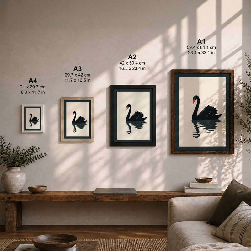 Black Swan Reflection Japandi - Framed Print, A4 - 29.7 x 21.0 cm, White
