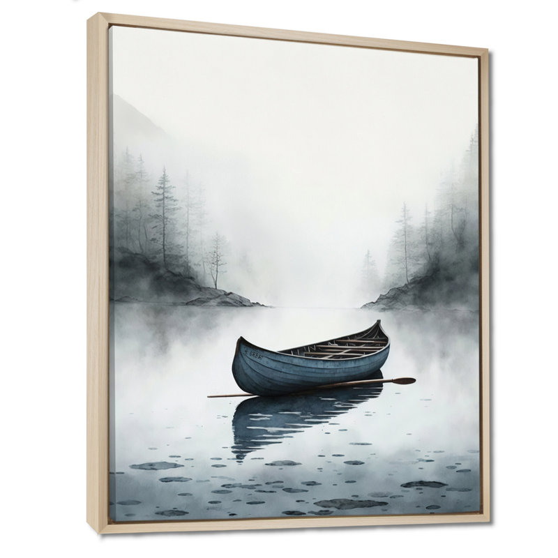 Canot sur le lac I - art mural grand bateau côtier, H 32 po x l 16 po, Cadre flottant érable