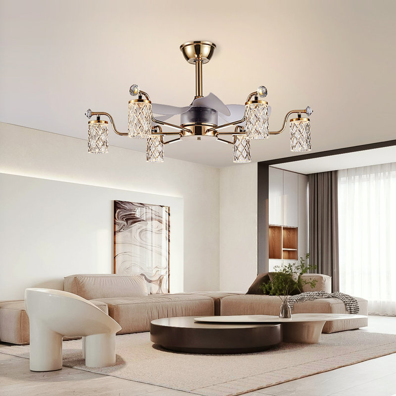 Ventilateur de plafond 35,43 "DEL à intensité variable avec 6 lumières et télécommande, Or