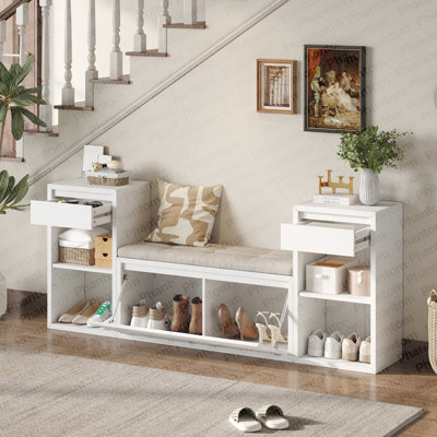 Banc de rangement tout-en-un avec coussin, compartiments, tiroirs et tablettes ouvertes, banc de rangement pour couloir, vestibule, salon (blanc)