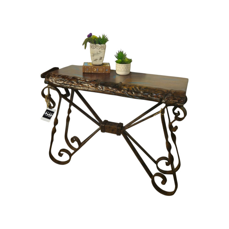 Live Edge Mesquite Console Table: Turquoise Inlay, Hand-forged Iron Base