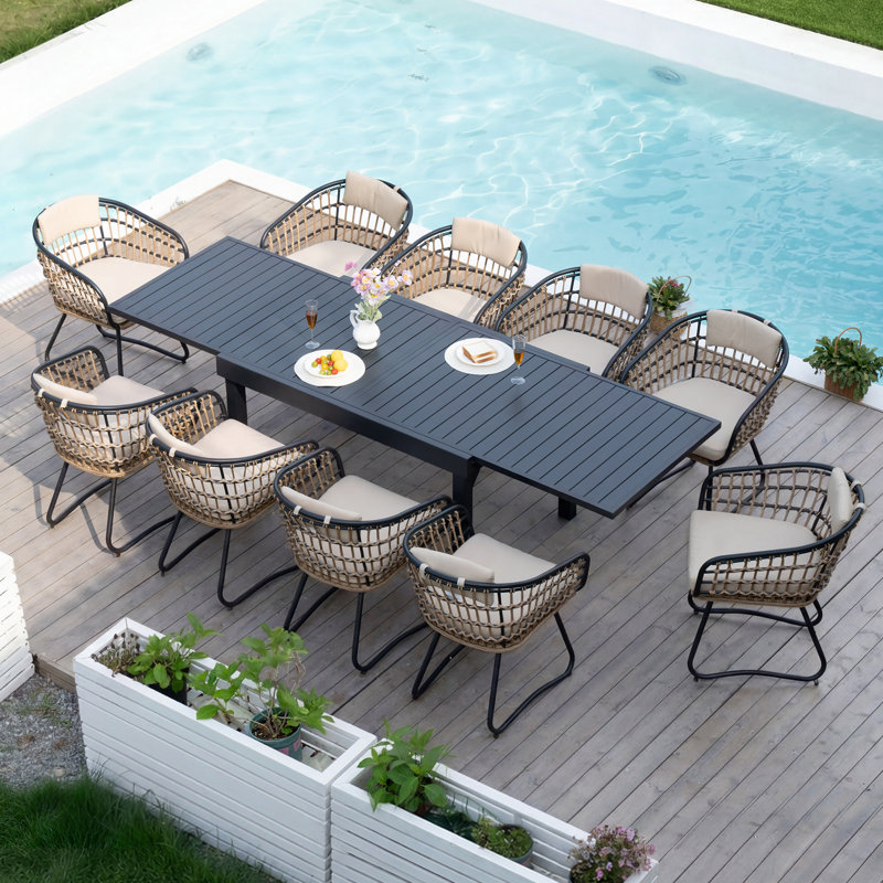 Warran 10 - Person 106’’L Patio Dining Set with Beige Cushions and Extendable Aluminum Table, Beige