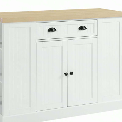 Îlot de cuisine 47 po en bois de style cannelé, armoire de rangement de comptoir avec rallonge, tiroir, tablettes ouvertes, rangement, blanc