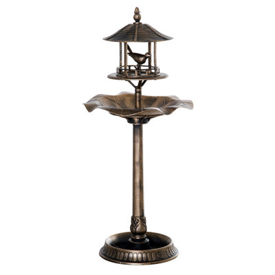 3-in-1 Antique Bronze Resin Pedestal Bird Bath with Built-in Bird Feeder and Bottom Flower Planter, Weather-Resistant Outdoor Garden Decor