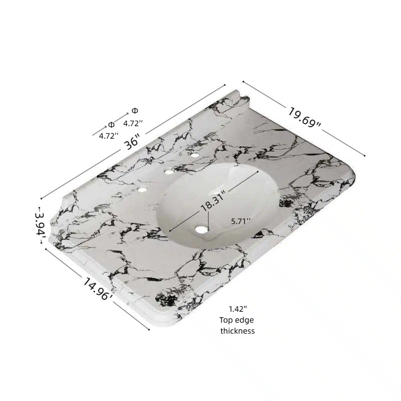 Lavabo de salle de bain 36 po Vici avec plateau en marbre blanc de Carrare et 3 trous pré-percés