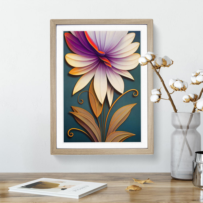 Art Deco Flower No.5 - Wall Art, 34cm H x 25cm W, Oak Frame