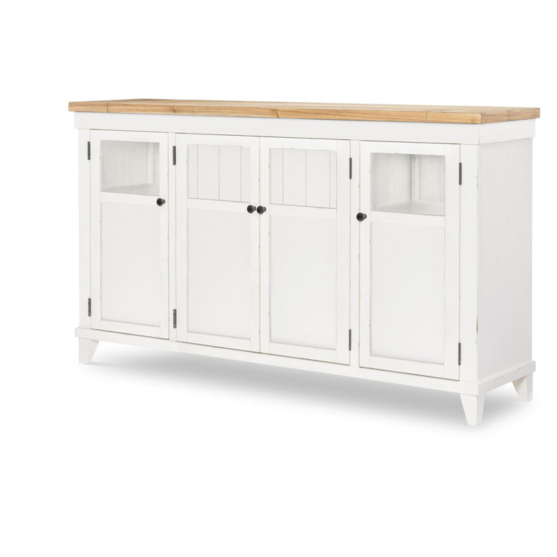 Credenza (4 Doors, 2 Glass Windows w/ Puck Lights, 1 Drawer, 4 Shelves/1 Adjustable Shelf), White/Tan