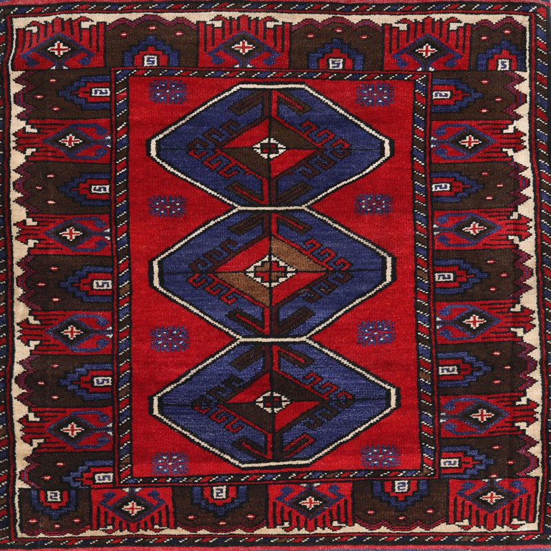 Tapis traditionnel rouge / noir, Rond 4 pi