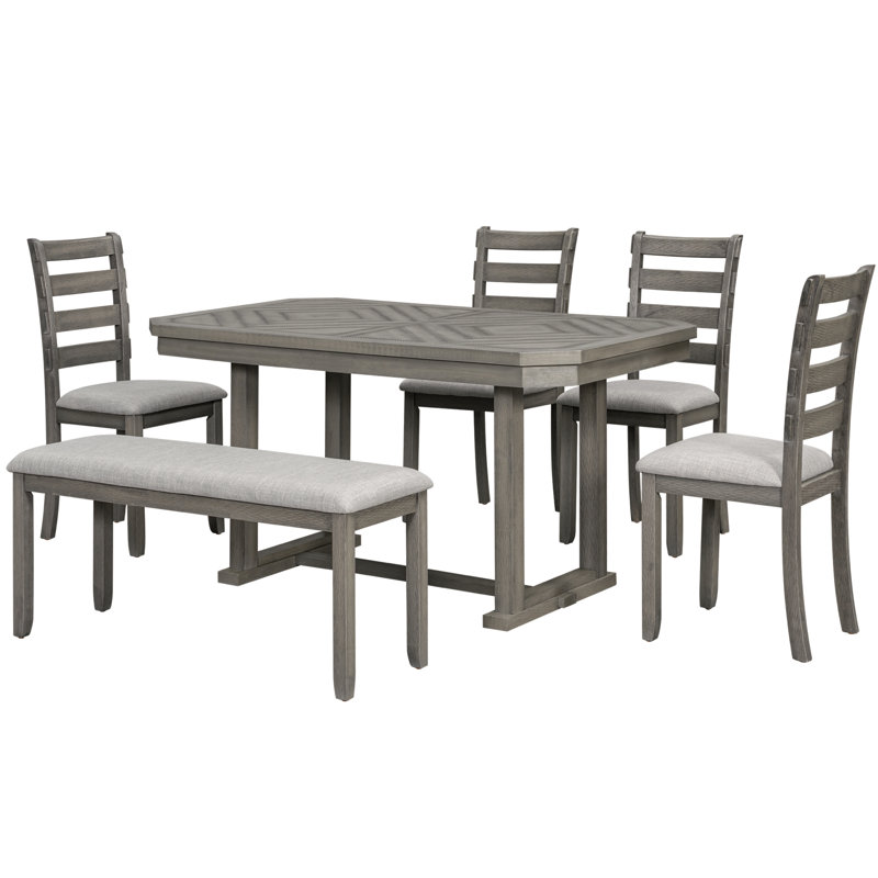 Ensemble de table de salle à manger en bois d'hévéa Trexm 6 pièces avec placage en bois massif et coussin moelleux, Gris