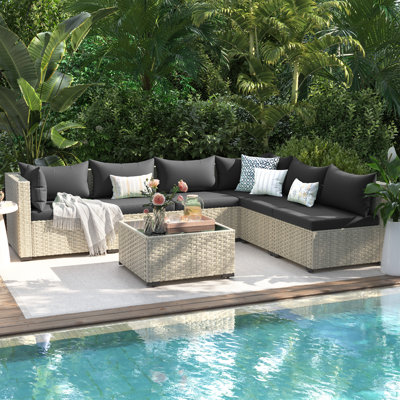 7 Pieces Rattan Patio Conversation Sets With Cushions
