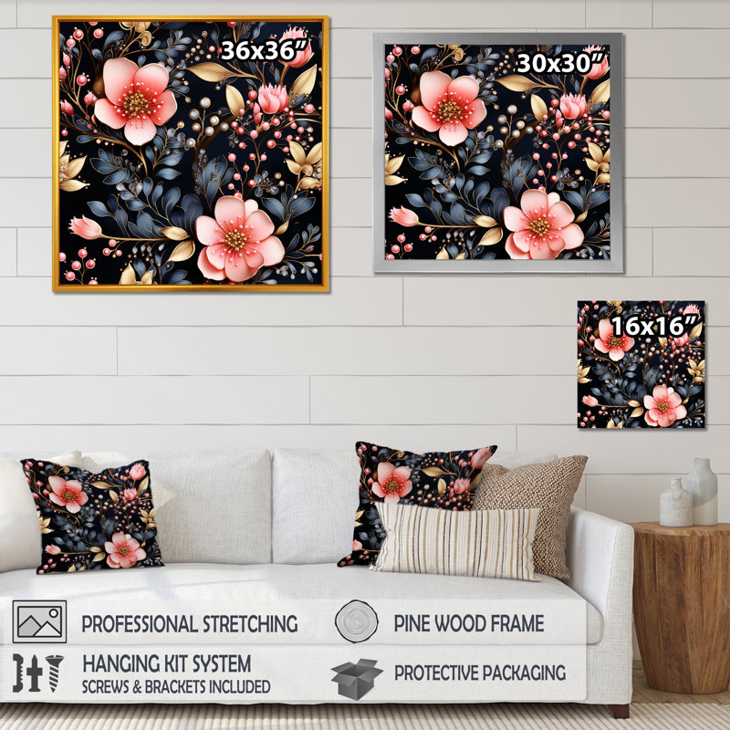 Cristal fleuri motif floral II - art mural floral, Cadre flottant noir, 36" H x 36" W