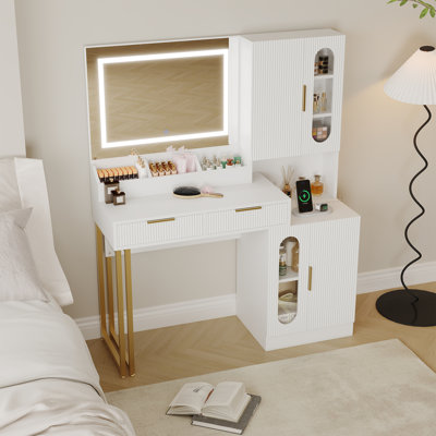 Fluted Makeup Vanity Desk with LED Lighted Mirror, Built-In Charging Station, Drawers & Transparent Storage Cabinets