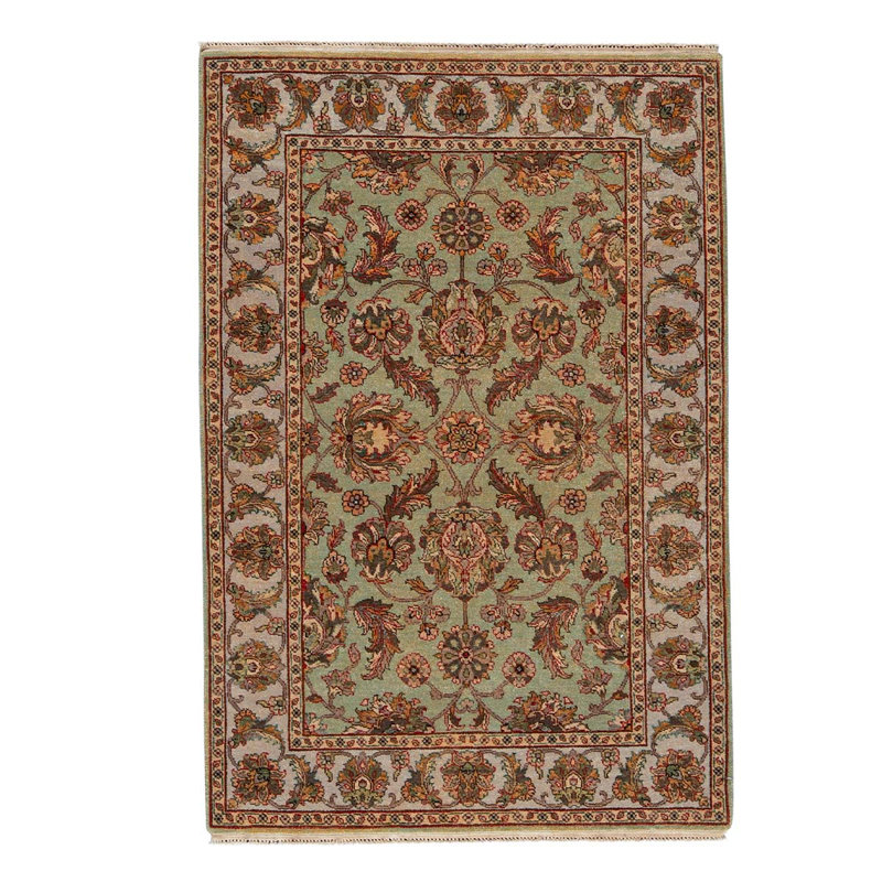 Tapis unique en laine noué à la main de haute qualité de 4 pi 1 po x 6 pi vert clair / ivoire / rouge / gris
