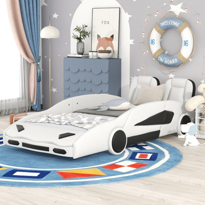 Twin Size Race Car-Shaped Bed With Wheels And Strong Guardrails, White - Comfortable Protected Bedroom Furniture In Car-Like Shape, Piece