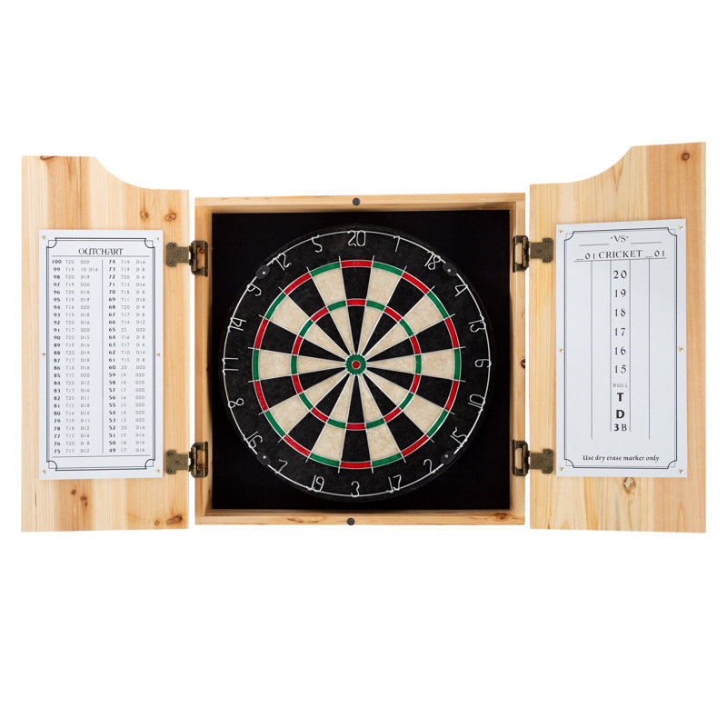 Solid Pinewood Dartboard Cabinet Set with Steel Tip Darts