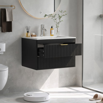 Meuble-lavabo flottant avec lavabo, armoire murale avec 2 tiroirs cannelés et poignée en métal, armoire murale pour salle de bain