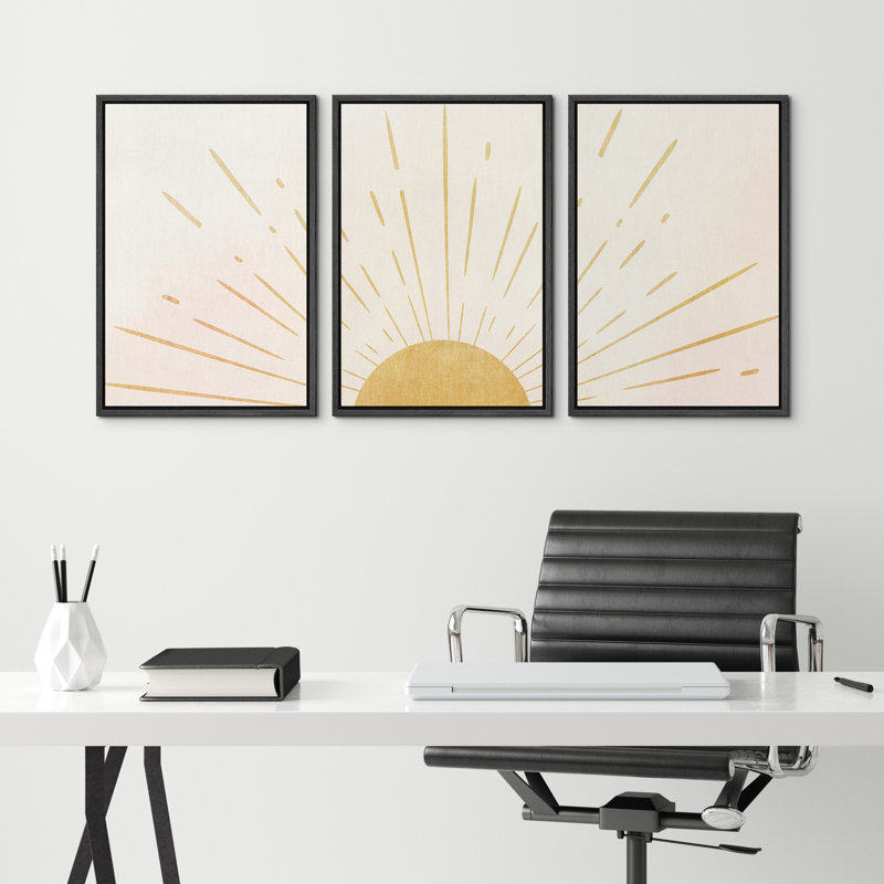 Modern Geometric Yellow Sun Canvas Wall Art Set with Black MDF Frame