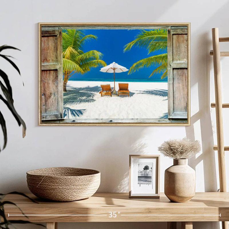 Fenêtre sur la côte des Maldives, Cadre flottant en bois naturel, 25 po x 17 po