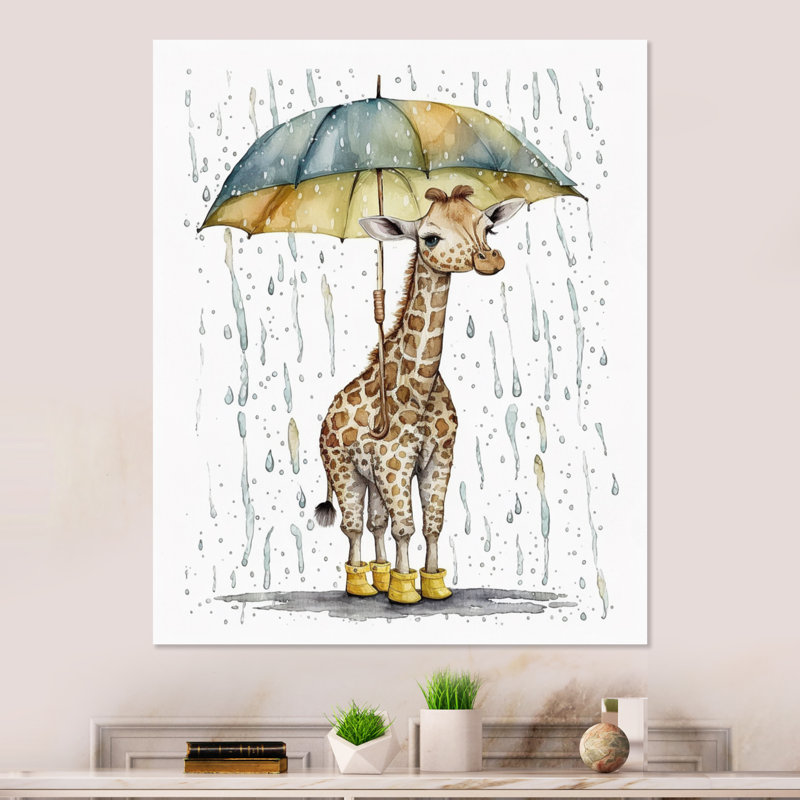 Mignonne girafe avec parapluie jour de pluie - Décoration murale en métal animaux girafe, H 20 po x l 12 po x P 1 po