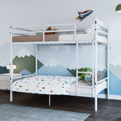 Lit superposé avec échelle et lit superposé en métal à garde-corps haut, espace de rangement, silencieux, lit simple au-dessus d'un lit simple, blanc