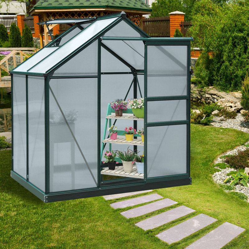 [6 x 4ft] Walk-In Polycarbonate Greenhouse with Slide Door, Window & Foundation