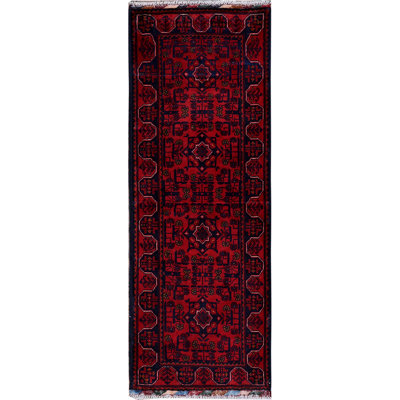 Tapis Khamyab afghan rouge 1 pi 9 po x 4 pi 10 po avec motifs tribaux, noué à la main, laine douce à 100%, teinture végétale, tapis court et étroit, tapis oriental