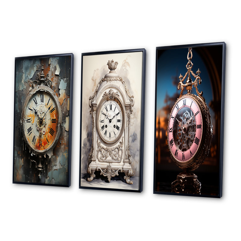"Horloge industrielle chic", 3 pièces sur toile, Cadre noir, H 28 po x l 36 po