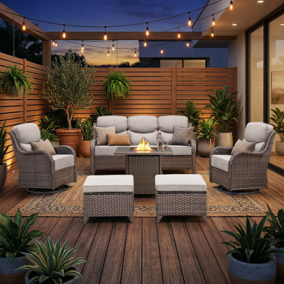 High Back Outdoor Furniture With 6-Inch Extra Thick Cushions, Patio Furniture Set With Fire Pit Table & Swivel Chairs, 6 PCS Wicker Conversation Set For Yard, Deck, Poolside