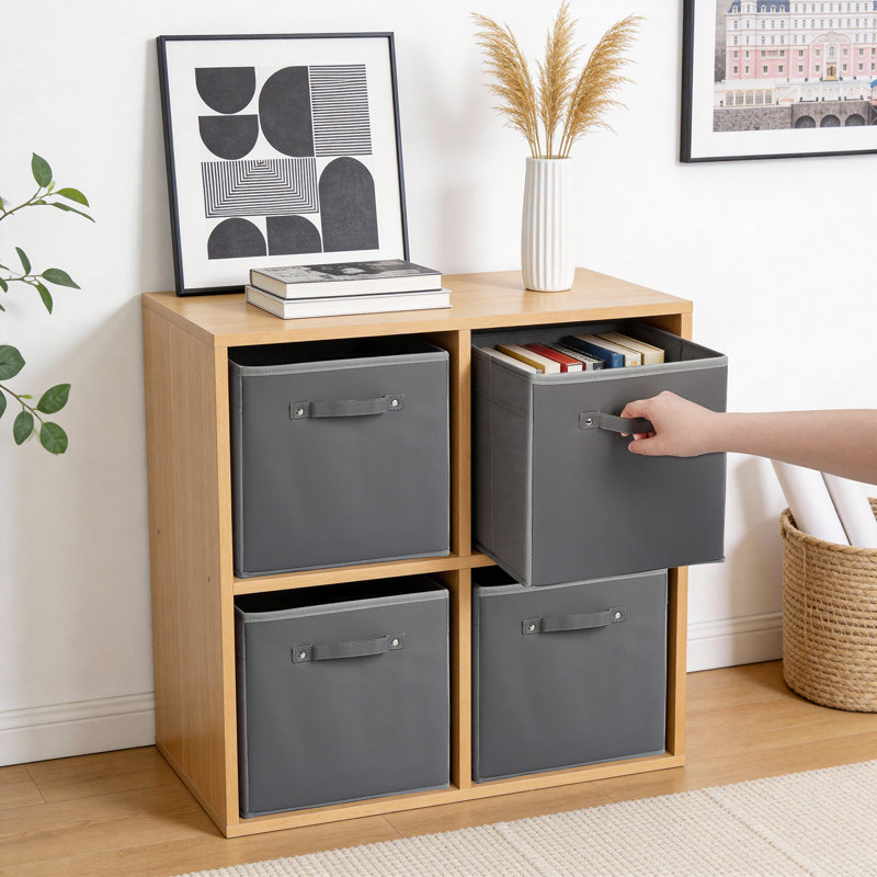 6-Pack 11 Inch Fabric Storage Bins with Faux Leather Handles, Foldable Cube Organizer Baskets for Shelves, Closet and Cube Storage, Gray