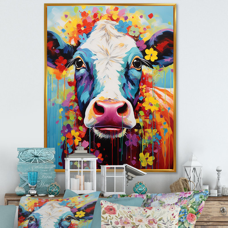Vache fantaisie - art mural, H 40 po x l 30 po x P 1,5 po, Cadre flottant doré