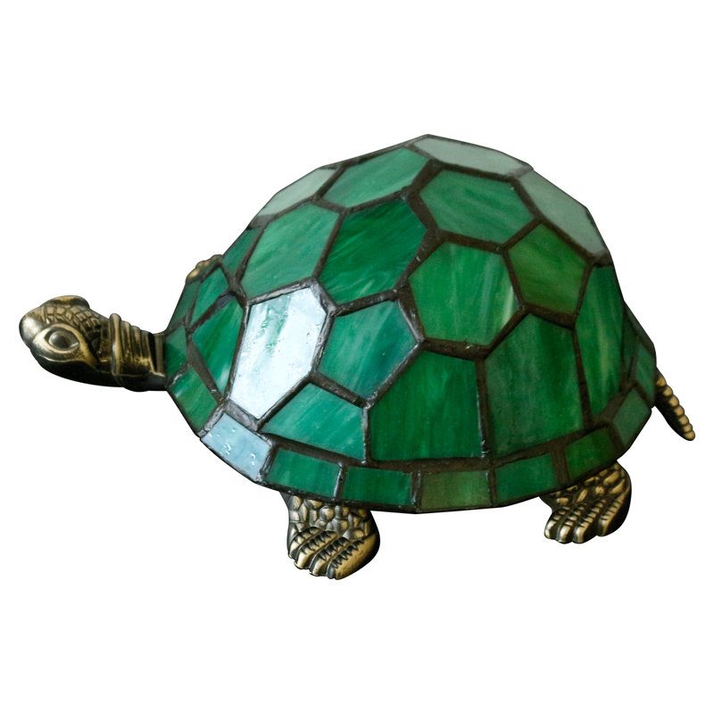 Tortoise Tiffany Style Turtle Lamp Small Bedside Cute Accent Green Stained Glass Shade Night Light, Green