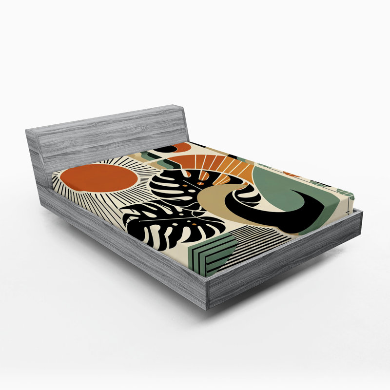 Drap-housse Ambesonne Monstera_ Boho Mid Century Sun Leaf_ Cannelle noir beige, Drap-housse de taille très grand