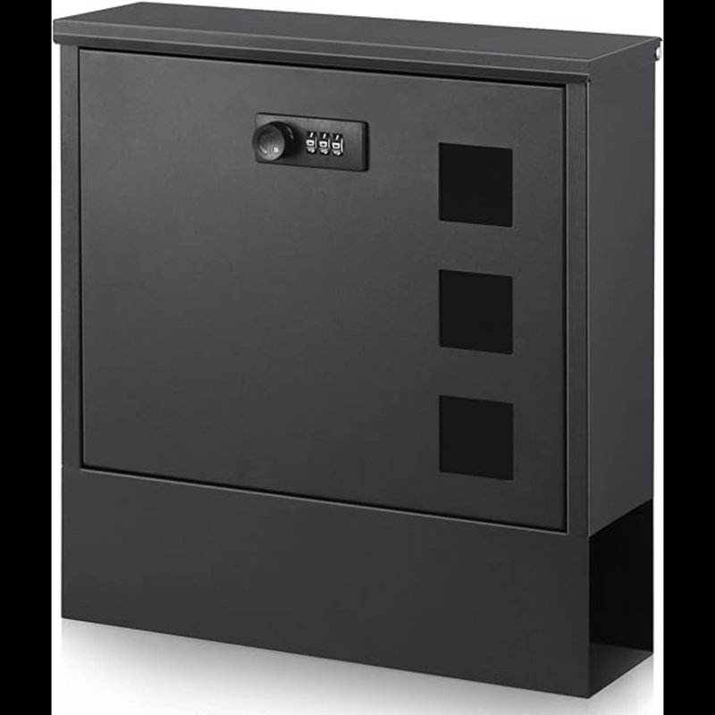 Black Metal Wall Mounted Mailbox with Combination Lock and Newspaper Compartment