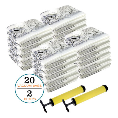 20 Vacuum Storage Bags – Compression Bag Set for Travel, Clothes, or Blanket Storage – Airtight Space Saver Bags in 4 Sizes with Pump by Home-Complete