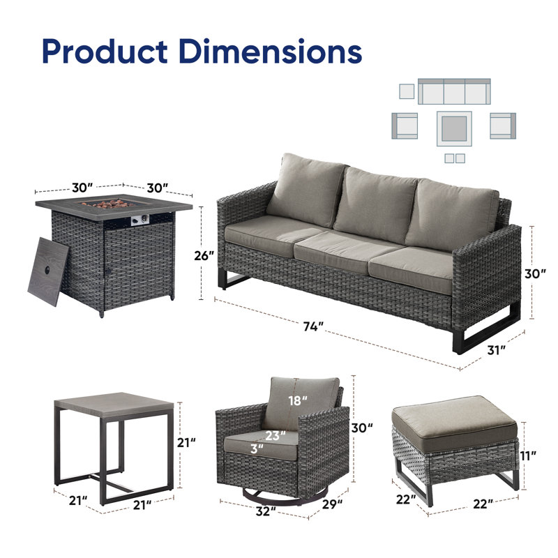 Naresa 7-Piece Outdoor Sofa Set, Wicker Patio Furniture Set With Fire Pit Table, All-Weather PE Wicker, Gray