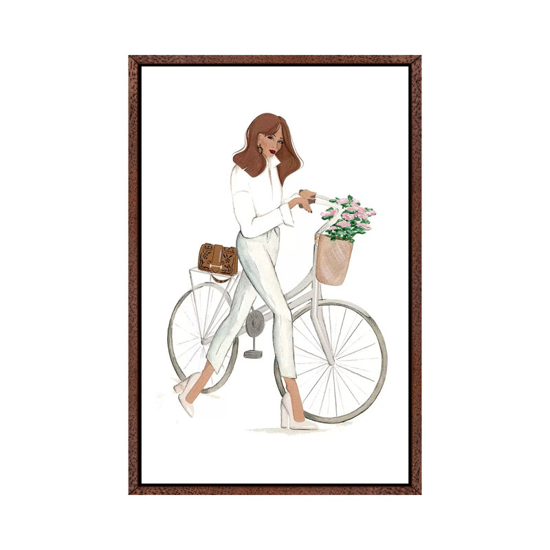 Bicyclette by Sabina Fenn - Print on Canvas, 66.04cm H x 45.72cm W x 3.81cm D, Classic Brown Wood Floater Framed