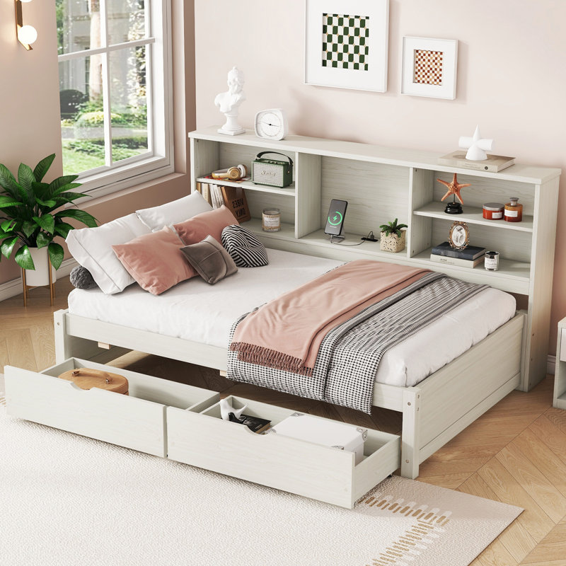 Creamy White Twin Bed Frame With Sideboard, Two Drawers And Charging Daybed Side Compartments, & Hub, Creamy White