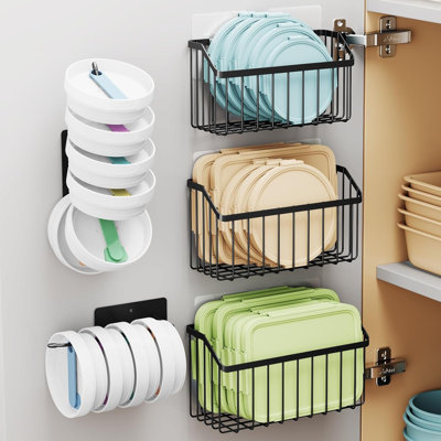 5 organisateurs de couvercles de porte d'armoire pour couvercles de contenants alimentaires pour couvercles de gobelets Tupperware, 3 tailles de paniers en métal antirouille pour les épices, les articles de toilette, le rangement sous l'évier ou le véhicule récréatif