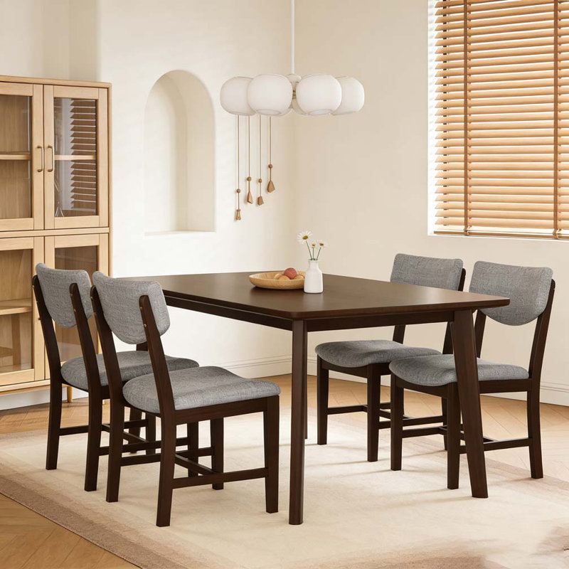 5-Piece Dining Set - 1 Solid Wood Table + 4 Upholstered Chairs, Espresso