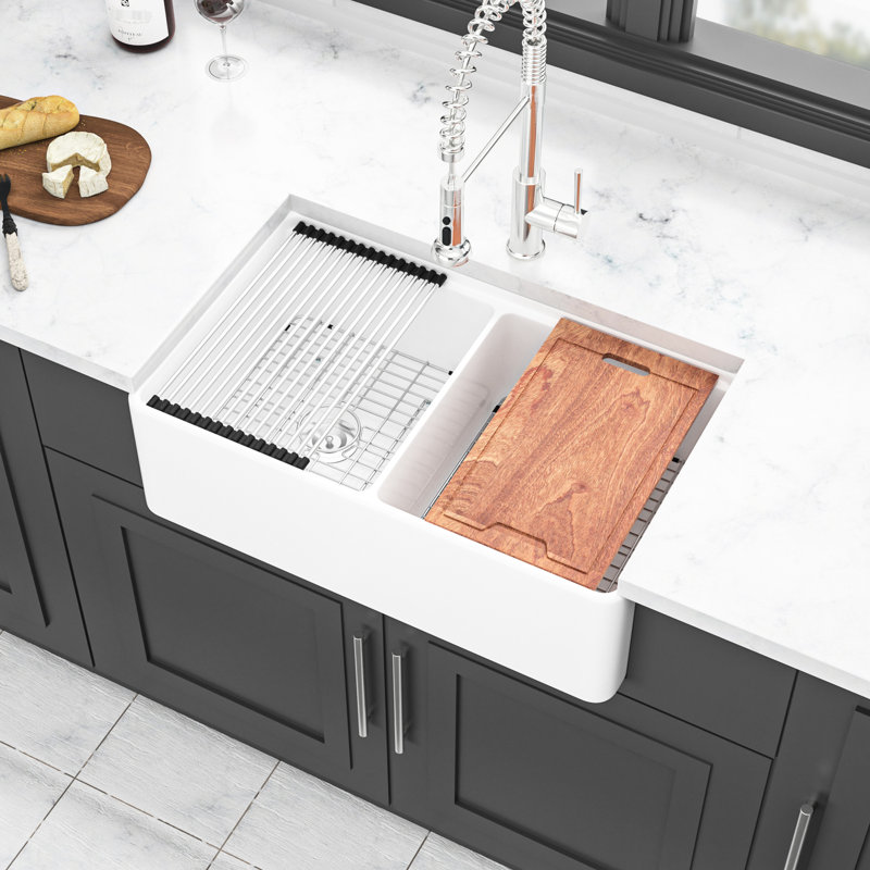 33" Double Bowl Ceramic Sink - White, , To Chips And Discoloration White Farm 33 Inch Workstation Space, Stains