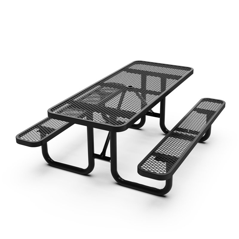 Kristy Commercial Grade Expanded Mesh Metal Outdoor Picnic Table with Anchors, Black, 29.5" H x 72.25" W x 61.75" D